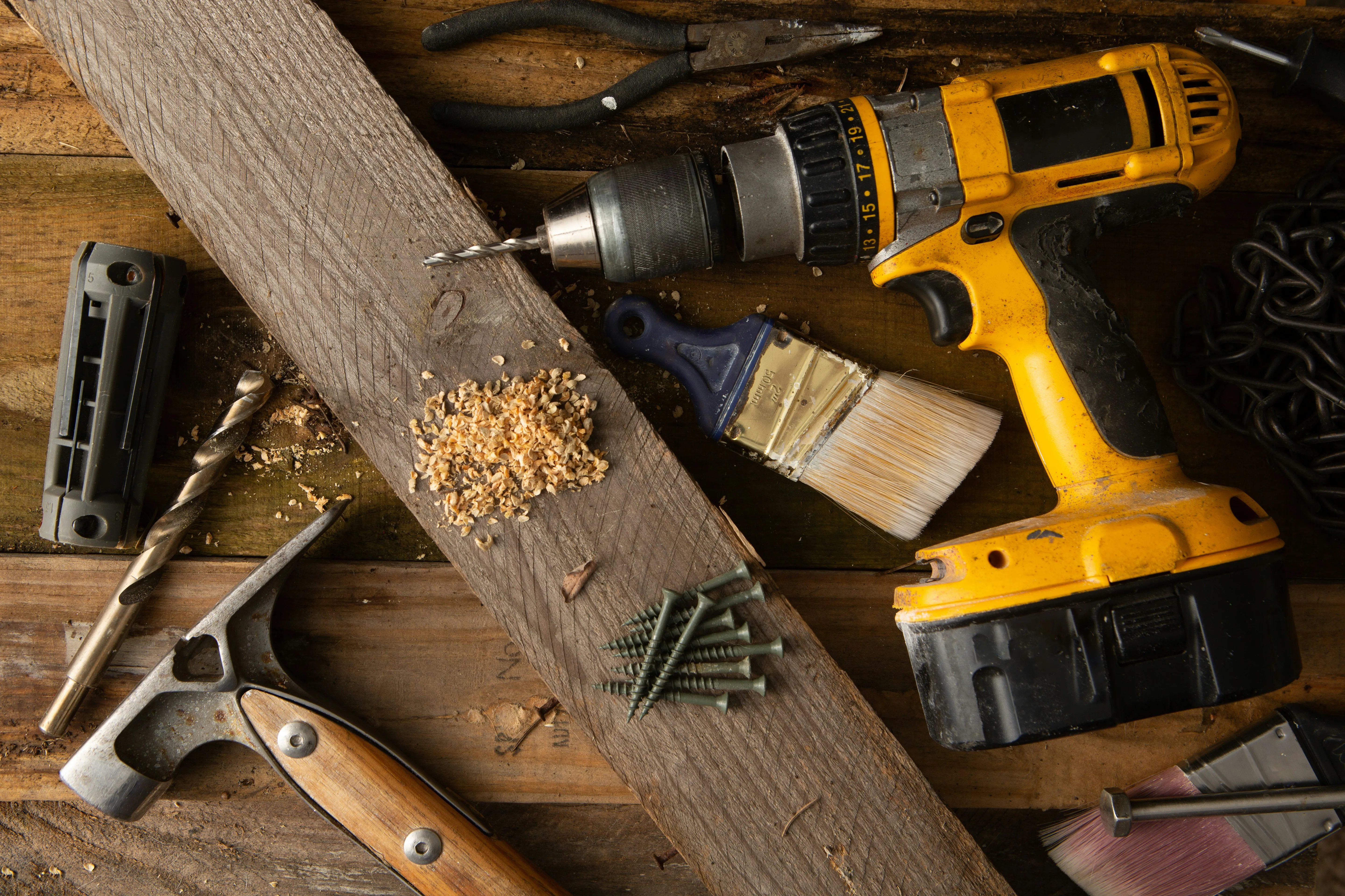 Wooden workbench with construction tools